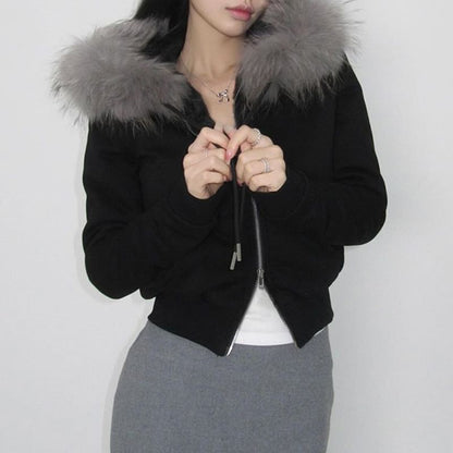 Long Sleeve Furry-Trim Plain Hooded Zip-Up Jacket