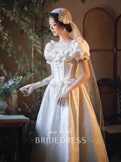 Neck A-Line Sleeve Scoop Gown Puff Wedding Jacquard Ruffle