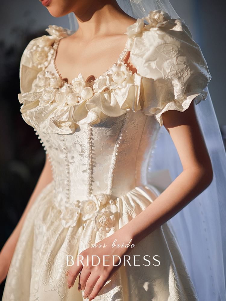 Neck A-Line Sleeve Scoop Gown Puff Wedding Jacquard Ruffle