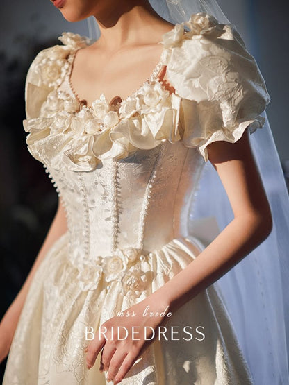 Neck A-Line Sleeve Scoop Gown Puff Wedding Jacquard Ruffle