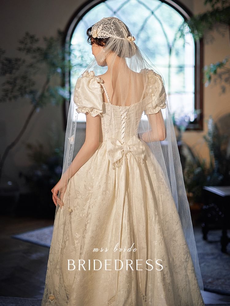 Neck A-Line Sleeve Scoop Gown Puff Wedding Jacquard Ruffle