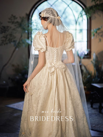 Neck A-Line Sleeve Scoop Gown Puff Wedding Jacquard Ruffle