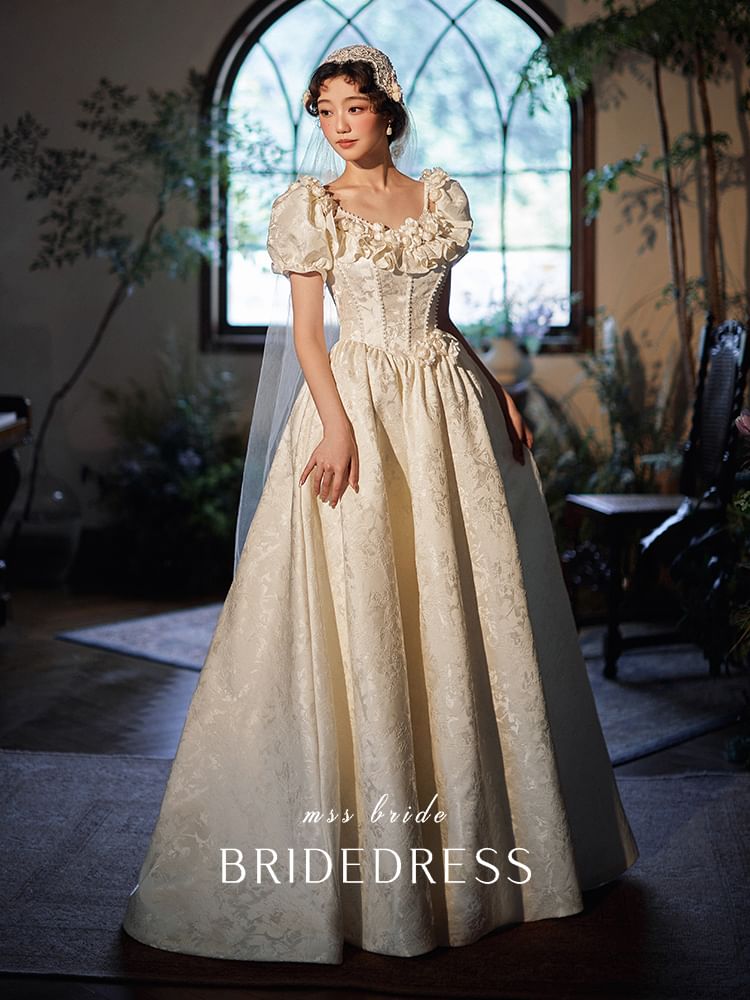 Neck A-Line Sleeve Scoop Gown Puff Wedding Jacquard Ruffle