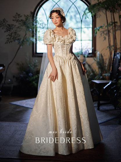 Neck A-Line Sleeve Scoop Gown Puff Wedding Jacquard Ruffle