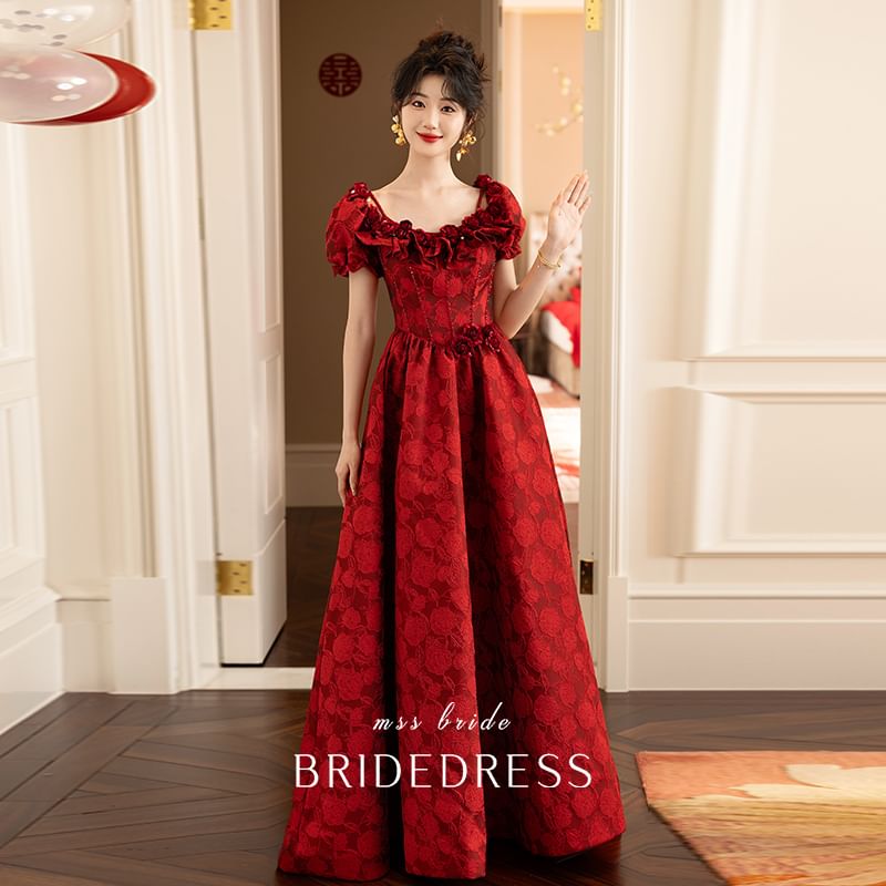 Neck A-Line Sleeve Scoop Gown Puff Wedding Jacquard Ruffle