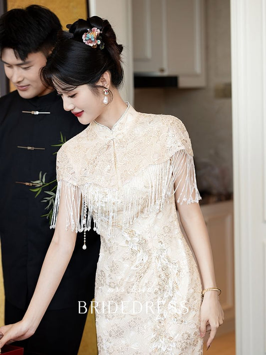 Short Dress Mandarin Beaded Sheath Embroidered Sleeve Evening Floral Fringe Collar