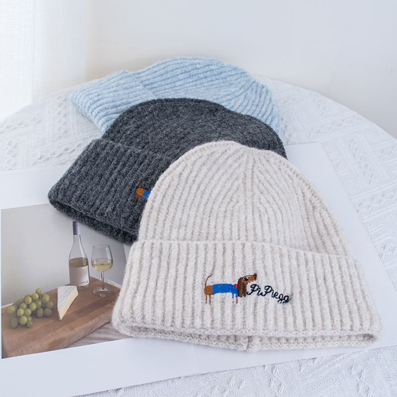 Dog Embroidered Knit Beanie