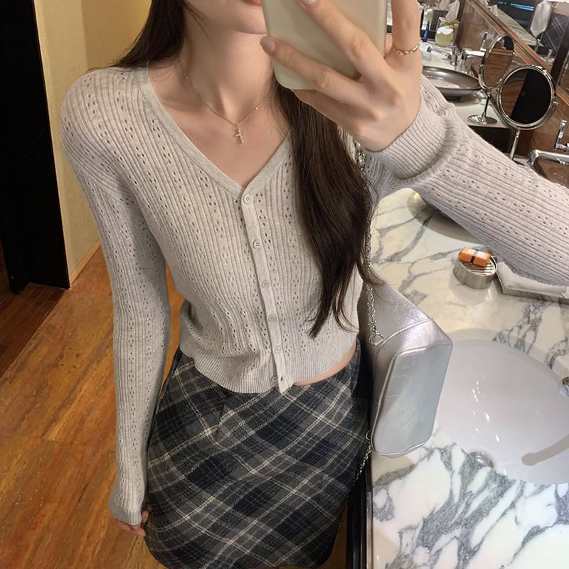 V-Neck Button-Up Plain Cardigan
