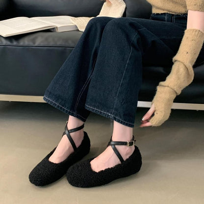 Plain Fleece Cross Strap Flats