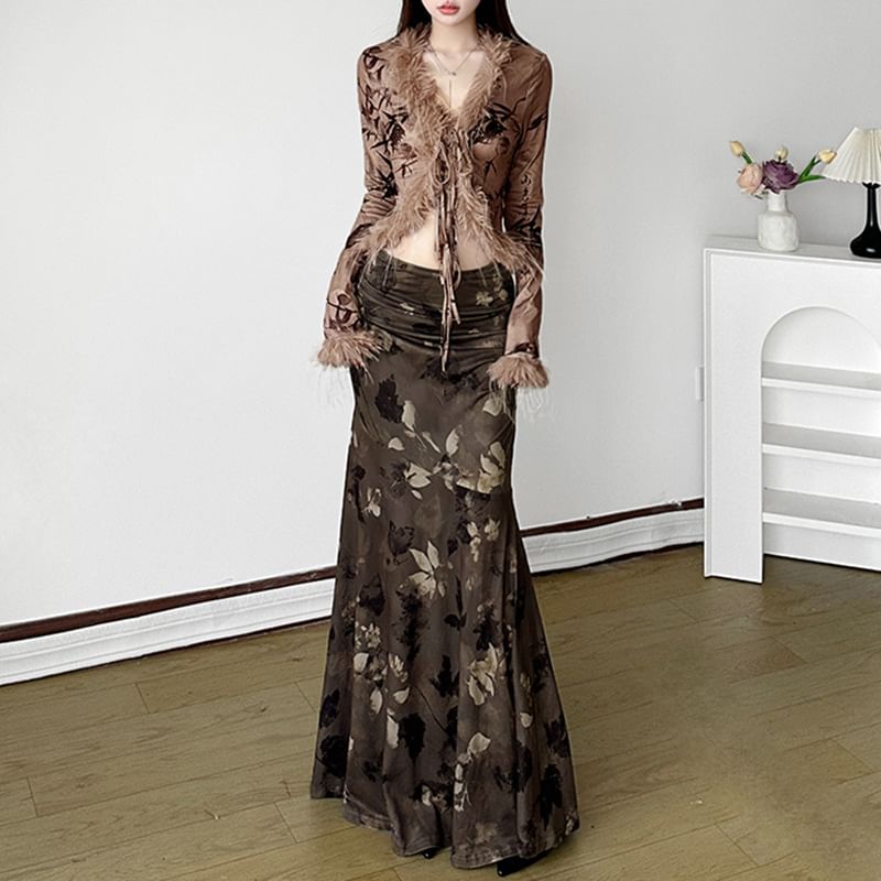 Long Sleeve Furry-Trim Graphic Print Light Cardigan / Low Rise Mermaid-Hem Maxi Skirt