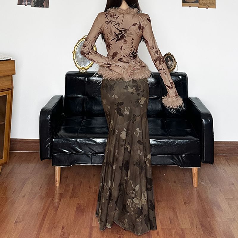 Long Sleeve Furry-Trim Graphic Print Light Cardigan / Low Rise Mermaid-Hem Maxi Skirt
