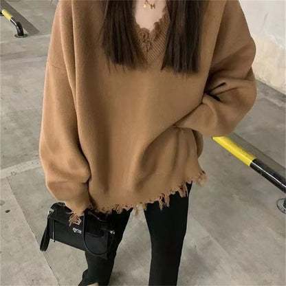 Oversized Distressed V-Neck Sweater