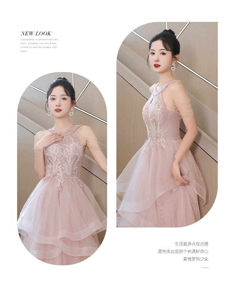 Halter Neck Sleeveless Embroidered Sequined A-Line Evening Gown