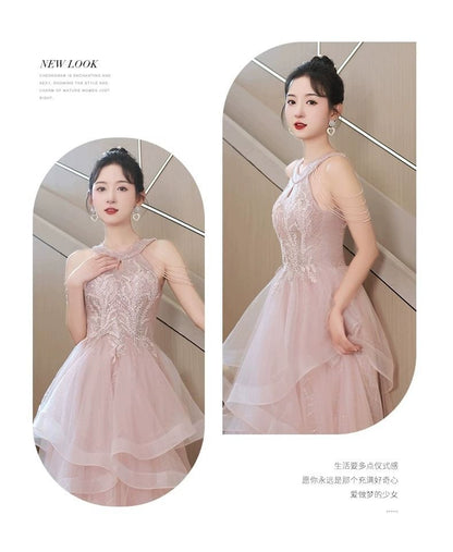 Halter Neck Sleeveless Embroidered Sequined A-Line Evening Gown