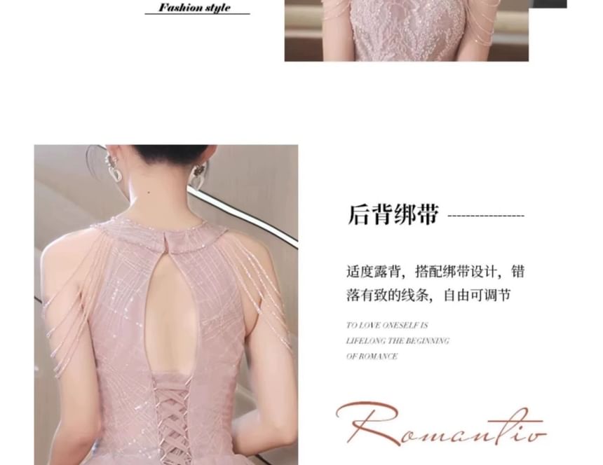 Halter Neck Sleeveless Embroidered Sequined A-Line Evening Gown