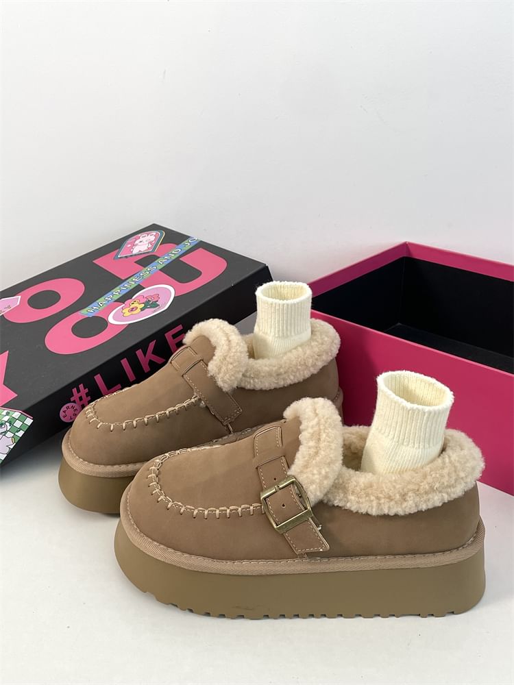 Buckled Fluffy Trim Platform Loafers