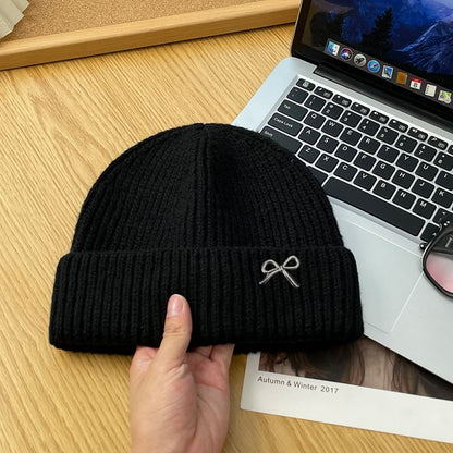 Metal Bow Knit Beanie