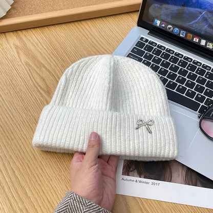 Metal Bow Knit Beanie