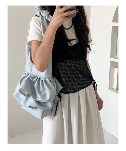 Ruffle Faux Leather Tote Bag