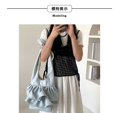 Ruffle Faux Leather Tote Bag