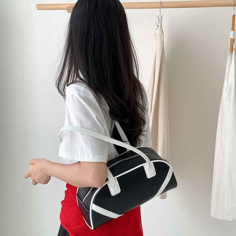 Striped Faux Leather Bowler Bag