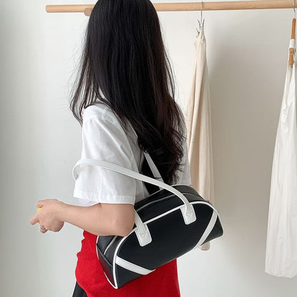 Striped Faux Leather Bowler Bag