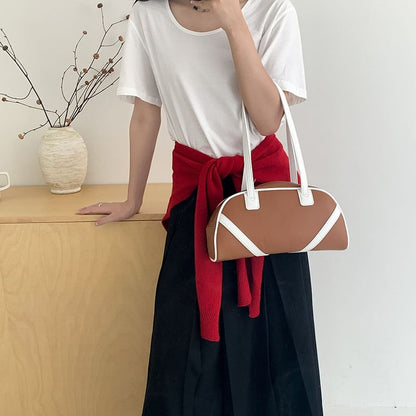 Striped Faux Leather Bowler Bag