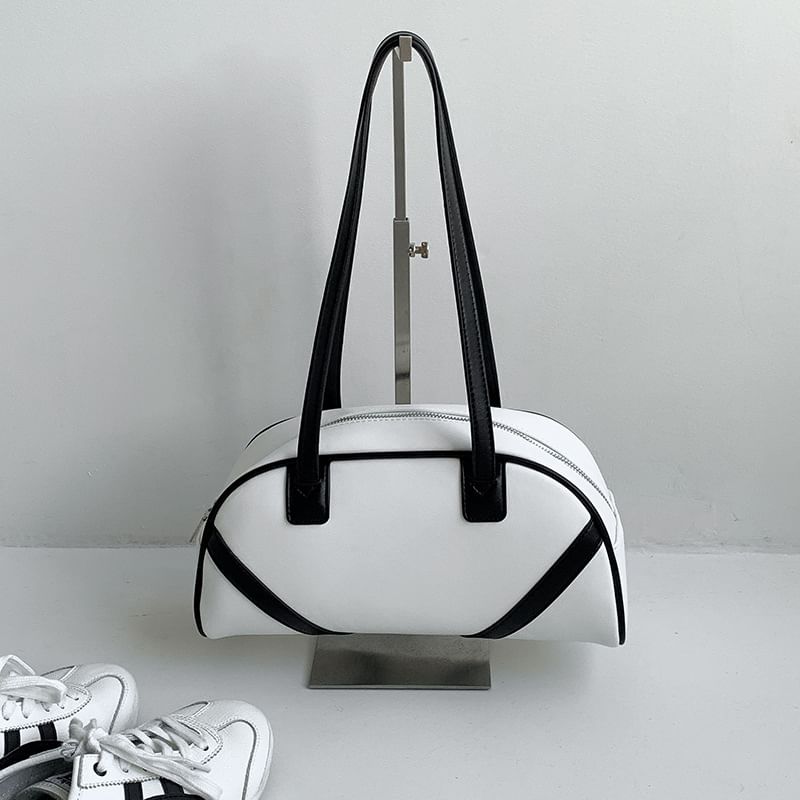 Striped Faux Leather Bowler Bag