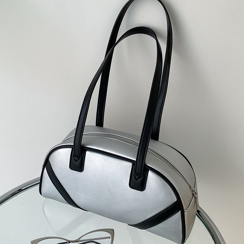Striped Faux Leather Bowler Bag