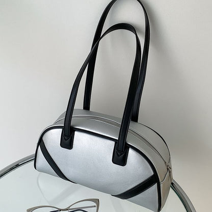 Striped Faux Leather Bowler Bag