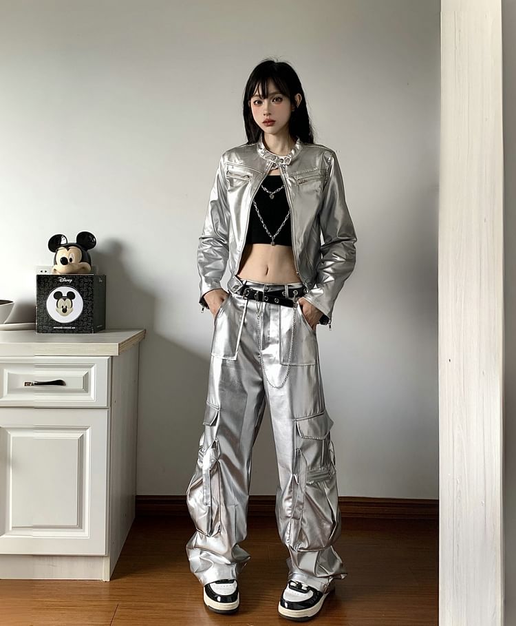 Band Collar Plain faux Leather Zip Jacket / Crop Camisole Top / Mid Rise Wide Leg Cargo Pants / Belt / Set