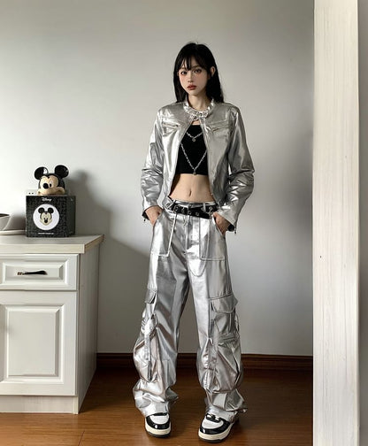 Band Collar Plain faux Leather Zip Jacket / Crop Camisole Top / Mid Rise Wide Leg Cargo Pants / Belt / Set