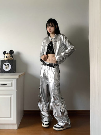 Band Collar Plain faux Leather Zip Jacket / Crop Camisole Top / Mid Rise Wide Leg Cargo Pants / Belt / Set