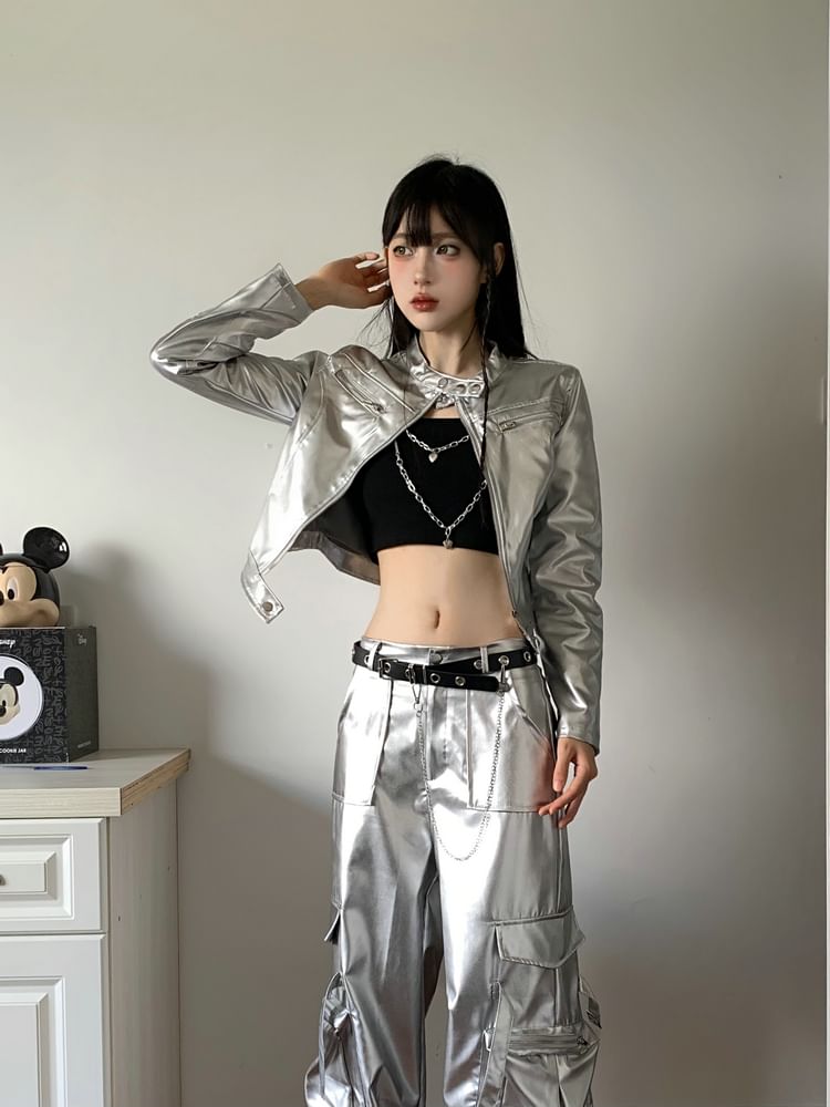 Band Collar Plain faux Leather Zip Jacket / Crop Camisole Top / Mid Rise Wide Leg Cargo Pants / Belt / Set
