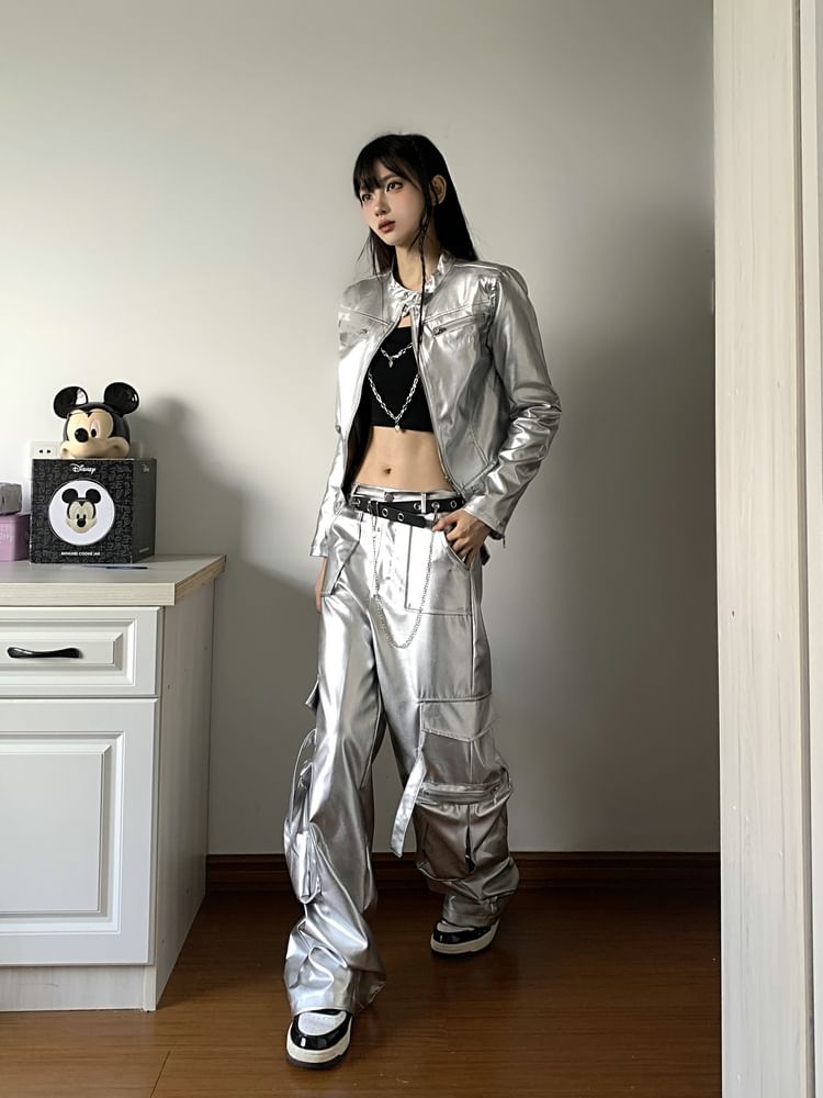 Band Collar Plain faux Leather Zip Jacket / Crop Camisole Top / Mid Rise Wide Leg Cargo Pants / Belt / Set