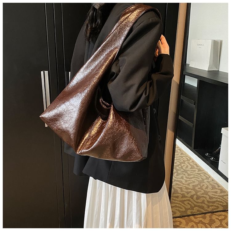Plain Faux Leather Slouchy Shoulder Bag