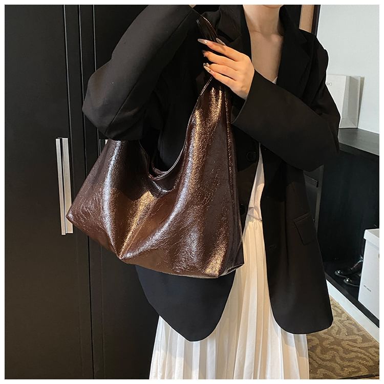 Plain Faux Leather Slouchy Shoulder Bag