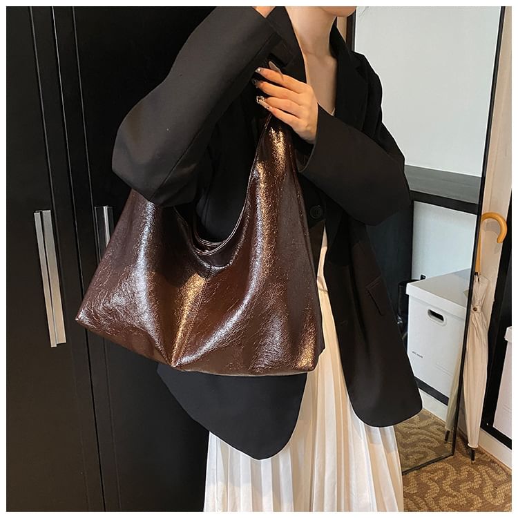 Plain Faux Leather Slouchy Shoulder Bag
