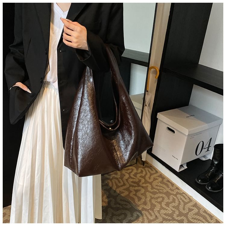 Plain Faux Leather Slouchy Shoulder Bag