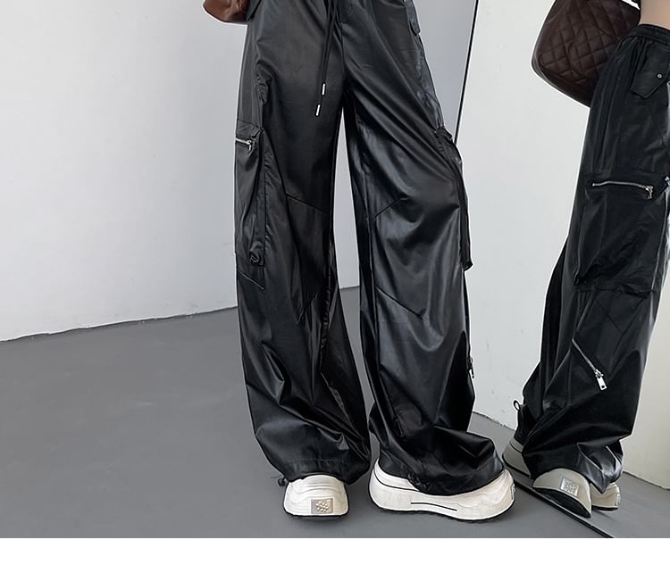 Drawstring Waist Plain Faux Leather Baggy Cargo Pants