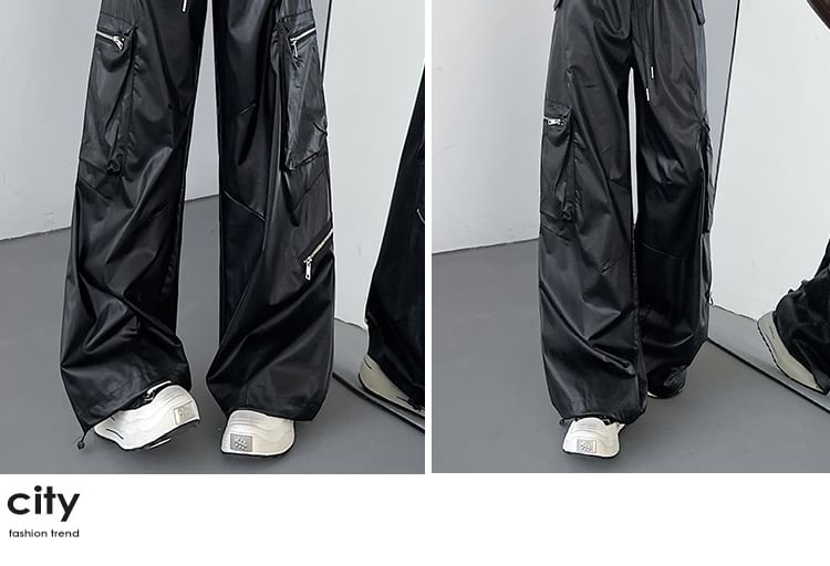 Drawstring Waist Plain Faux Leather Baggy Cargo Pants