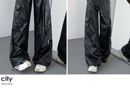 Drawstring Waist Plain Faux Leather Baggy Cargo Pants