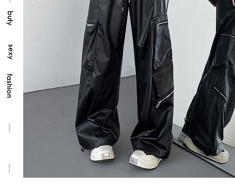 Drawstring Waist Plain Faux Leather Baggy Cargo Pants