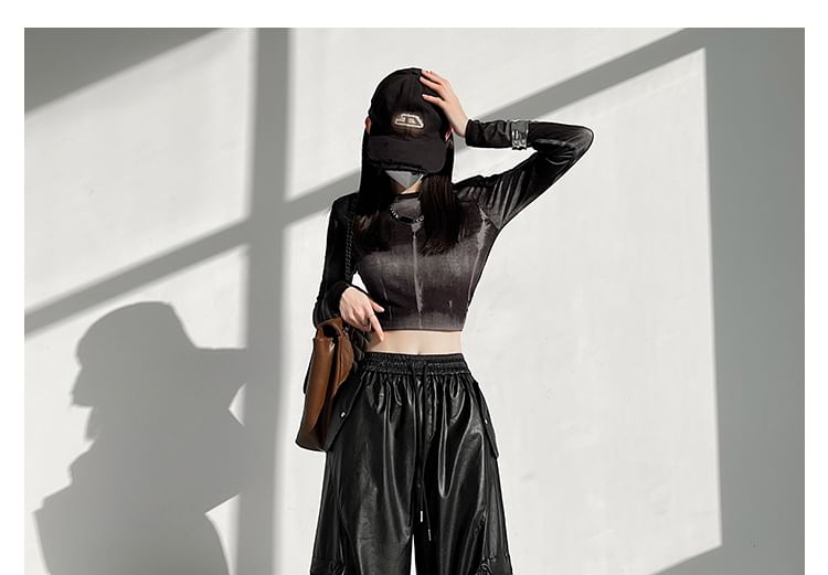 Drawstring Waist Plain Faux Leather Baggy Cargo Pants