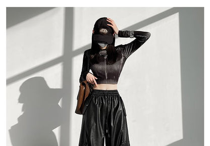 Drawstring Waist Plain Faux Leather Baggy Cargo Pants