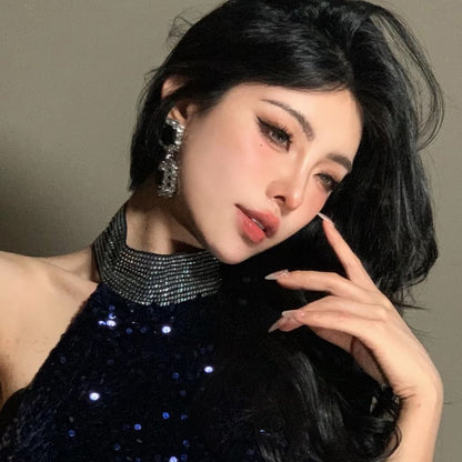 Rhinestone Choker / Drop Earring