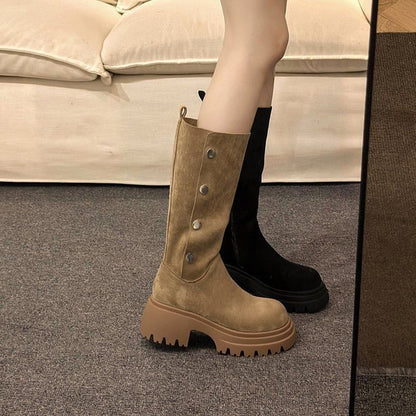 Calf Suede Button Faux Mid Platform Boots
