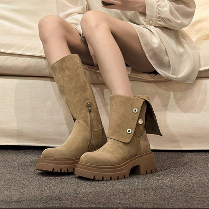Calf Suede Button Faux Mid Platform Boots