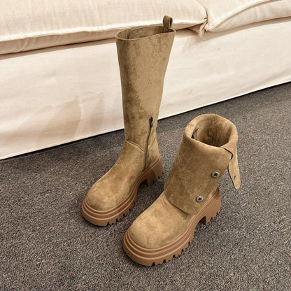 Calf Suede Button Faux Mid Platform Boots