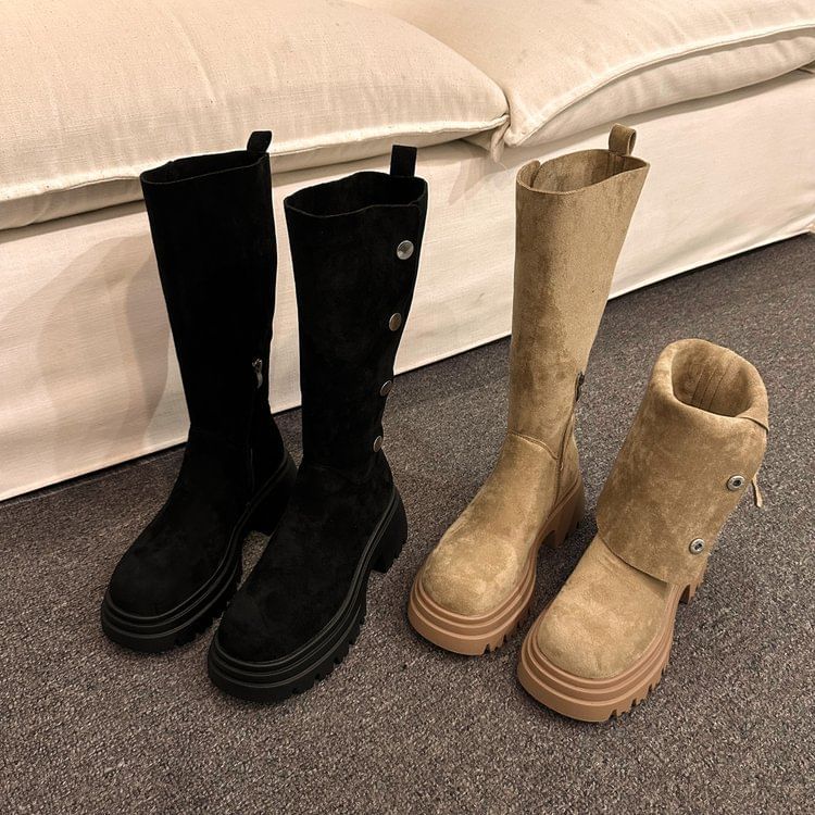 Calf Suede Button Faux Mid Platform Boots